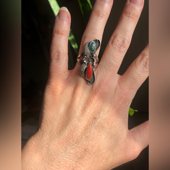 Sterling silver, turquoise, and coral ring!!! - Picture 2 of 9